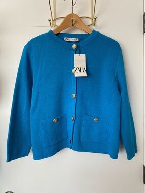 ZARA Bright Blue Gold-Button Knit Cardigan NWT ✨🩵